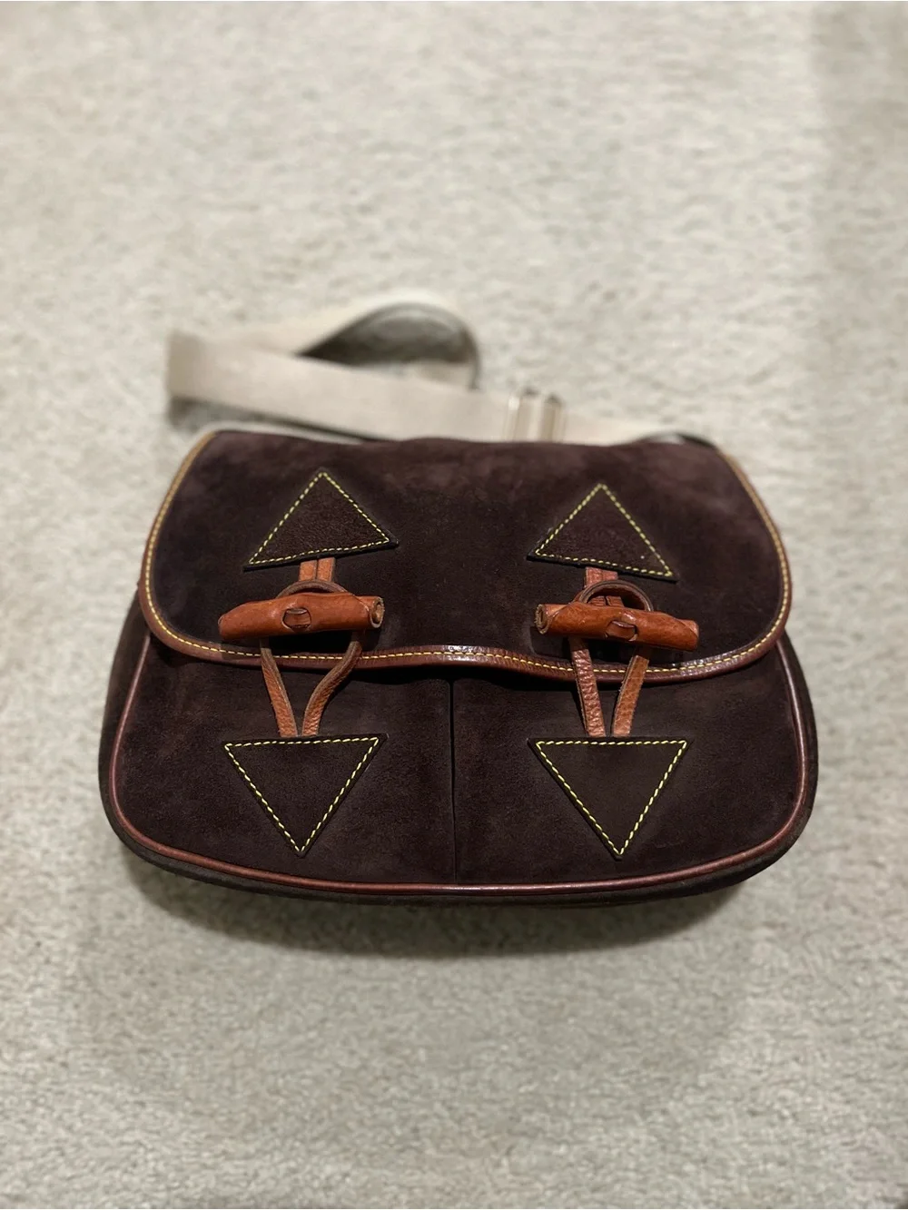 Vintage Dooney & Bourke Dark Brown Suede Crossbody with Tan Leather Accents - Picture 3 of 16